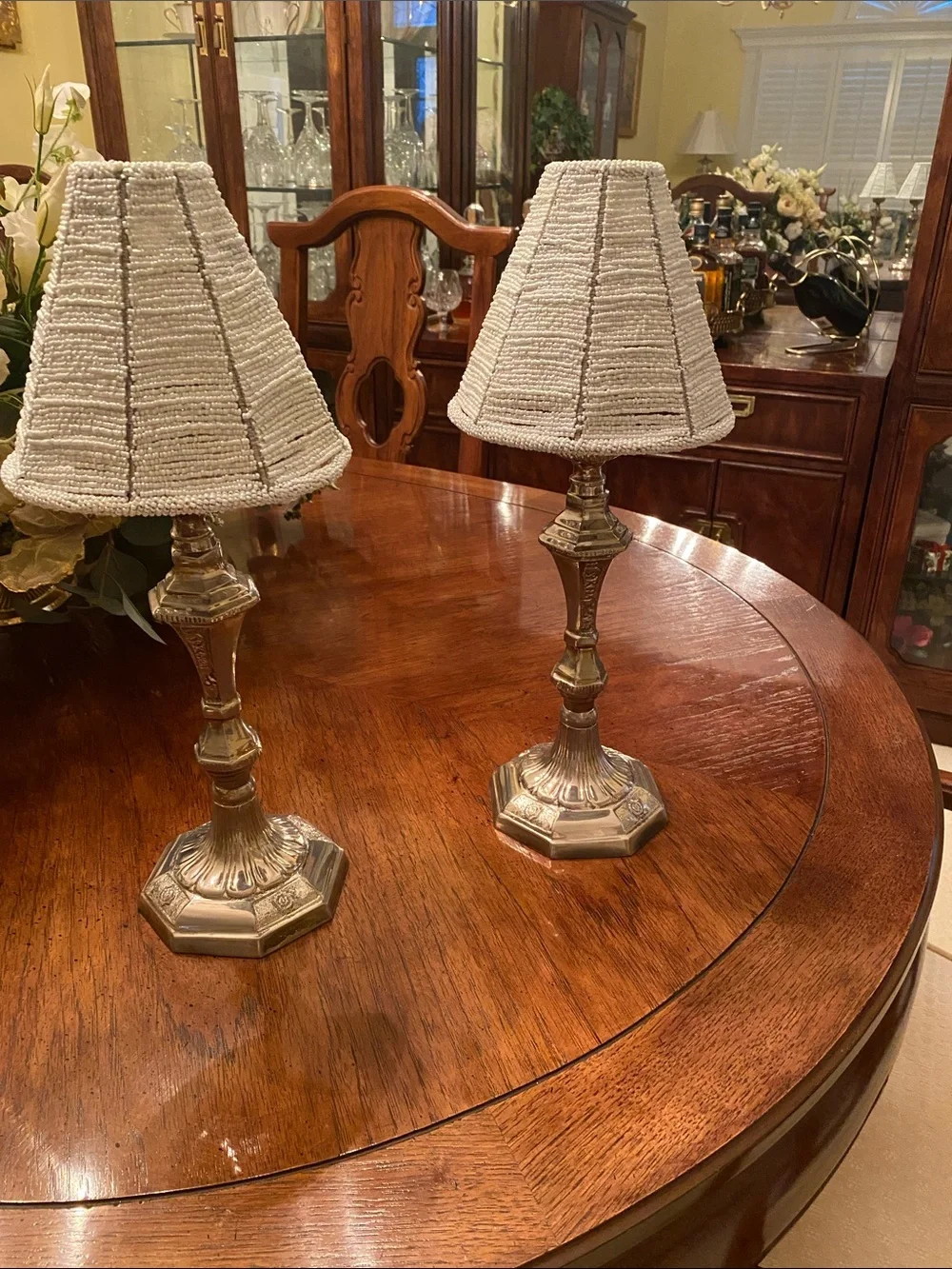 Enchanted Hime: Pair of Silver Accent Table Lamps with Cream Beaded Shades heavy